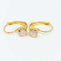 Pale pink crystal stone handset in a gold lever-back ear wire which has a base metal of brass. 
